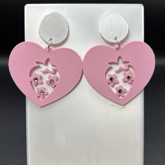 Pink Heart Strawberry Rhinestone Earrings - Picture 3 of 5